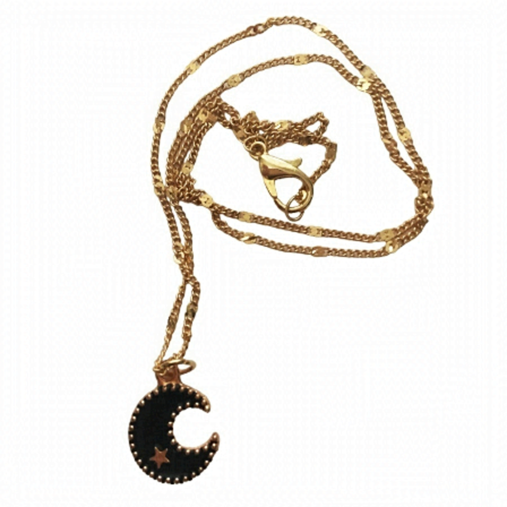 HAND Crafted Necklace Gold Plated Chain Black Quarter Moon